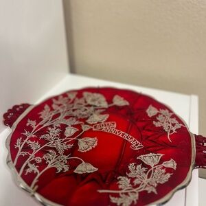 Vintage Silver City Ruby Red Glass Platter 40th Anniversary California Poppy